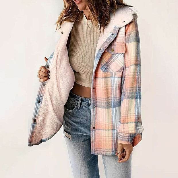 Plaid hooded fleece-lined jacket with soft interior, button front, and pastel plaid design for casual warmth and style.