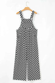 Checkered print pocketed wide leg jumpsuit with classic pattern and relaxed silhouette.