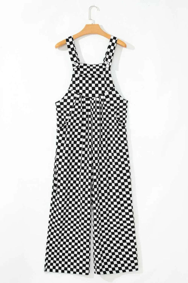 Checkered print pocketed wide leg jumpsuit with classic pattern and relaxed silhouette.