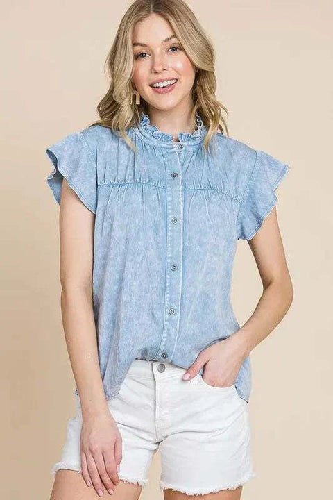 Lime N Chili Flutter Sleeve Button Down Shirt with frill details and mineral wash fabric.
