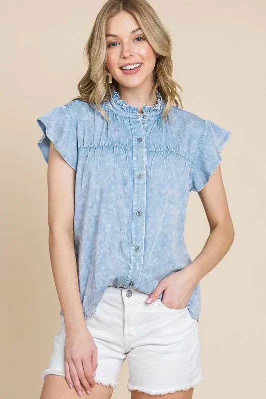 Lime N Chili Flutter Sleeve Button Down Shirt with frill details and mineral wash fabric.