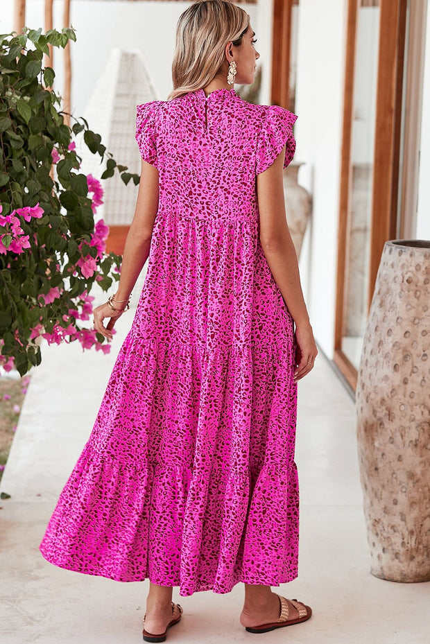 Rose Red Leopard Print Maxi Dress with ruffle sleeves, vibrant design, and floor-length silhouette.