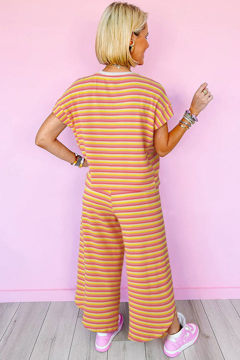 Rainbow stripe tee and wide leg pants set, vibrant and colorful outfit, tassel drawstring waist, casual wear.