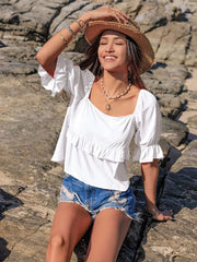Ruffled square neck half sleeve blouse in white with delicate ruffles and a feminine design, perfect for casual or semi-formal occasions.