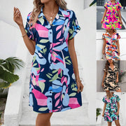 Floral Print Short Sleeve Shirt Dress with vibrant design and button-down front, ideal for spring and summer outings.