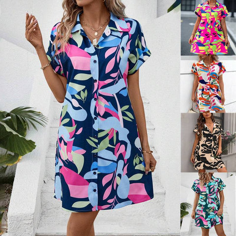 Floral Print Short Sleeve Shirt Dress with vibrant design and button-down front, ideal for spring and summer outings.