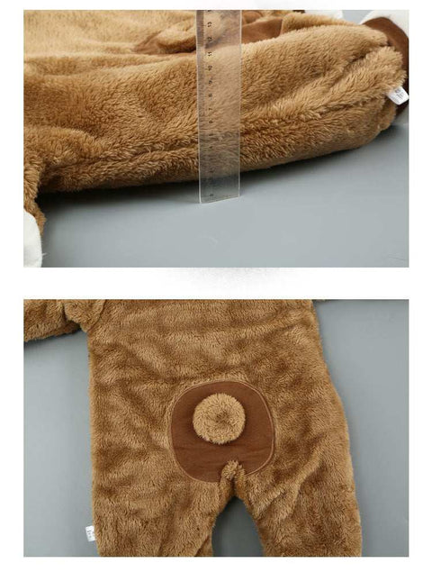 Cozy brown baby cotton onesie with plush texture and tail detail.