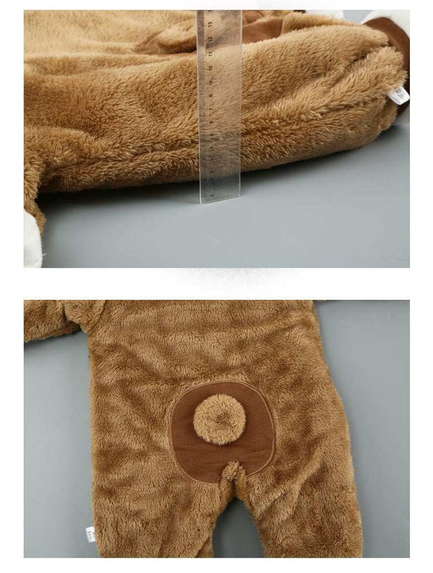 Cozy brown baby cotton onesie with plush texture and tail detail.