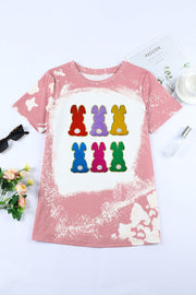 Rabbit Round Neck Tee with playful multicolored rabbit graphic on pink fabric, ideal for casual wear.