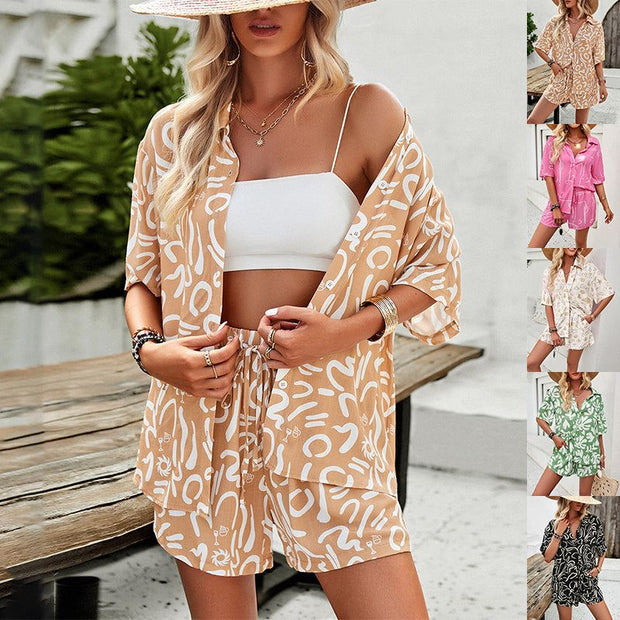 Stylish printed shirt and drawstring shorts set, ideal for casual outings.