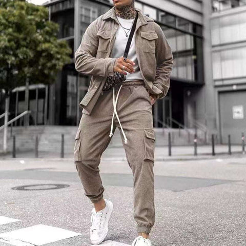 Casual Sports Suit in army green, featuring long sleeve jacket and trousers in cotton blend, ideal for autumn activities.