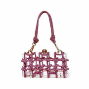 French Rhinestone Square Handbag with pink rhinestones and detachable strap.