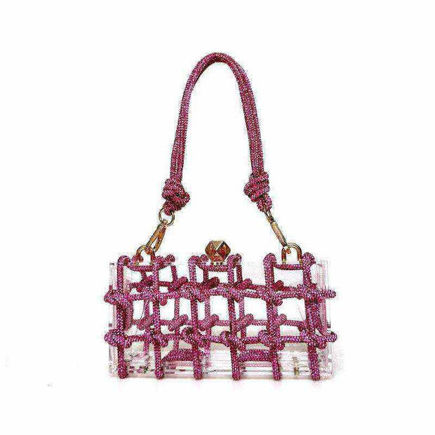 French Rhinestone Square Handbag with pink rhinestones and detachable strap.