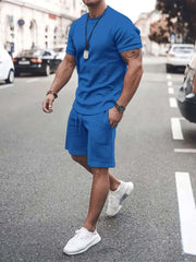 Plus size short sleeve top and shorts set, blue; comfortable casual outfit for everyday wear.