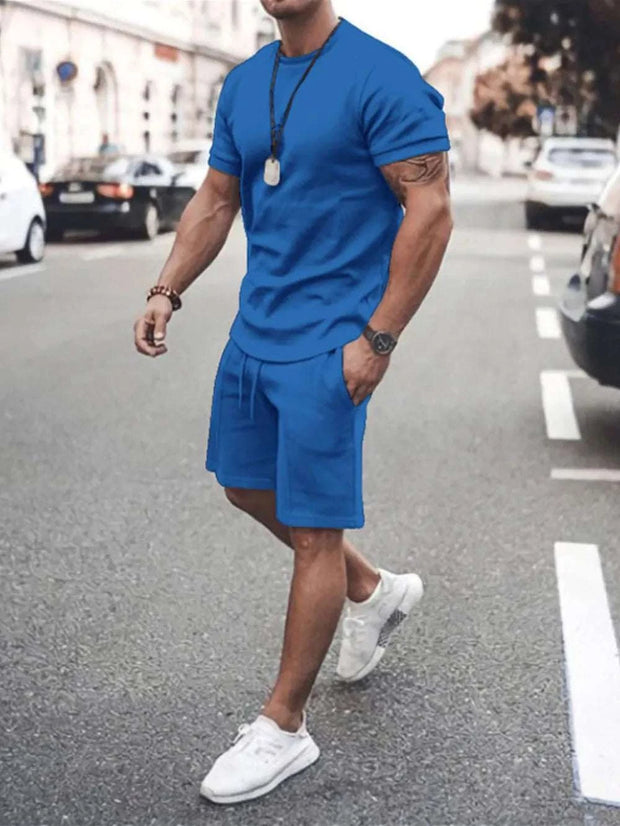 Plus size short sleeve top and shorts set, blue; comfortable casual outfit for everyday wear.