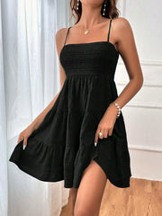 Square-Collar Pleated Summer Dress with fitted bodice and flared skirt in black.