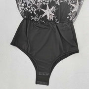 Black bodysuit with star lace details on mesh fabric, part of the Hot Lace Dress Europe-America collection.