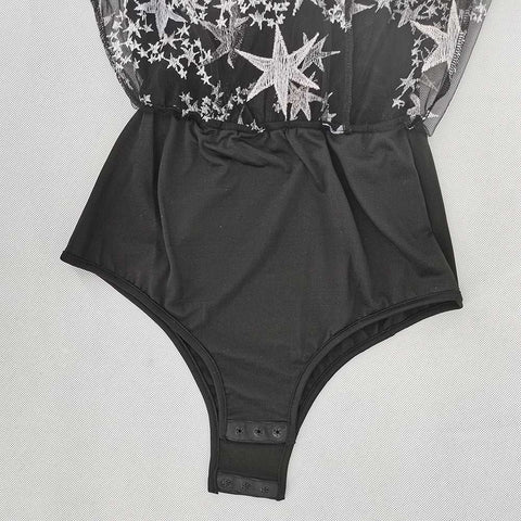Black bodysuit with star lace details on mesh fabric, part of the Hot Lace Dress Europe-America collection.