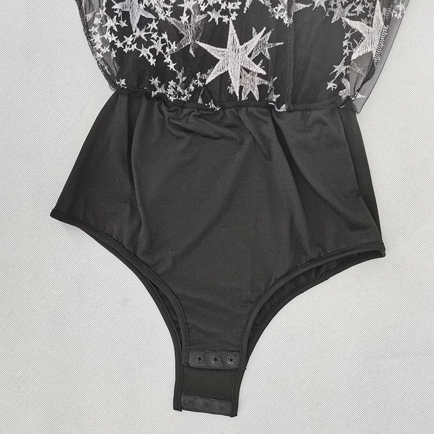 Black bodysuit with star lace details on mesh fabric, part of the Hot Lace Dress Europe-America collection.