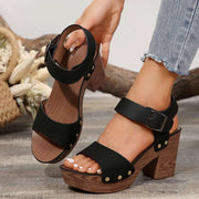 Peep Toe Block Heel Sandals with adjustable ankle strap and cushioned footbed, chic and versatile design.