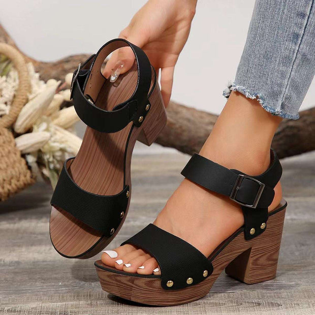 Peep Toe Block Heel Sandals with adjustable ankle strap and cushioned footbed, chic and versatile design.