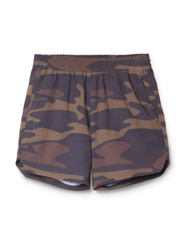 Camouflage elastic waist active shorts with lightweight, breathable fabric.