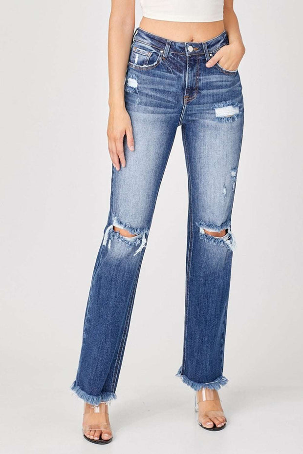RISEN Distressed Straight Jeans with trendy rips and raw hem.