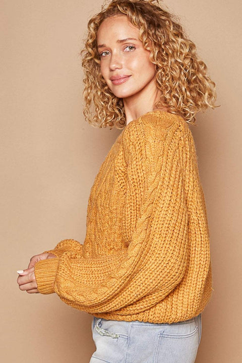 POL Cable Knit Long Sleeve Sweater in mustard color, featuring a classic cable knit pattern, styled casually.