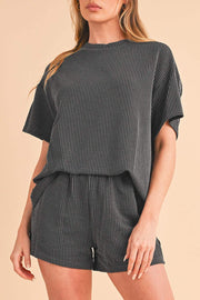 Orange Ribbed Tee and Shorts Set, stylish casual outfit, vibrant color, loose fit, ribbed texture.
