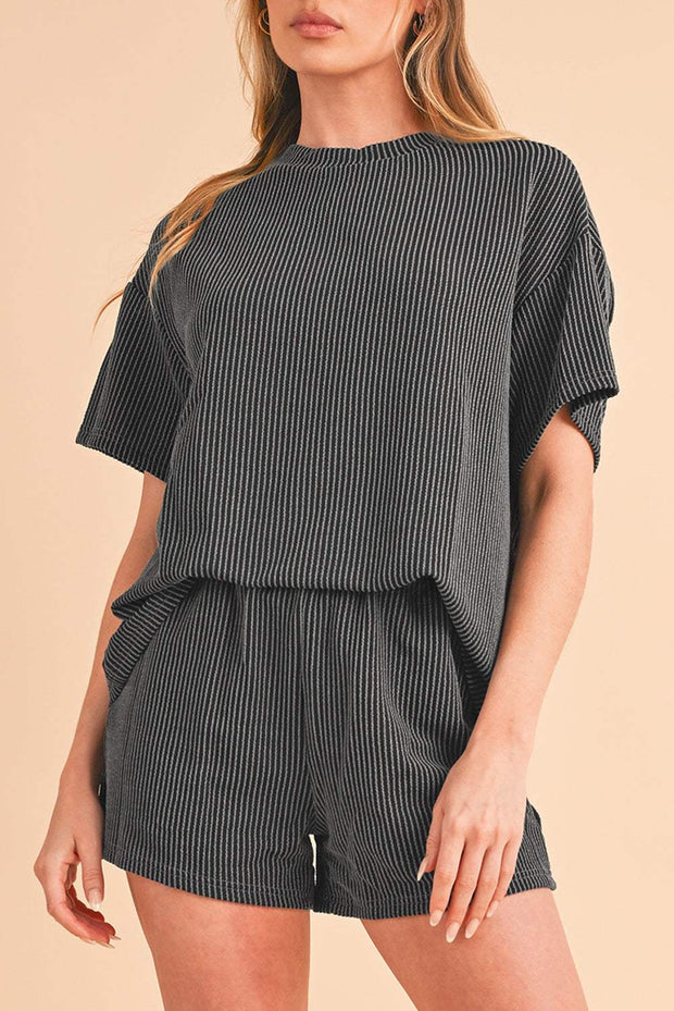 Orange Ribbed Tee and Shorts Set, stylish casual outfit, vibrant color, loose fit, ribbed texture.