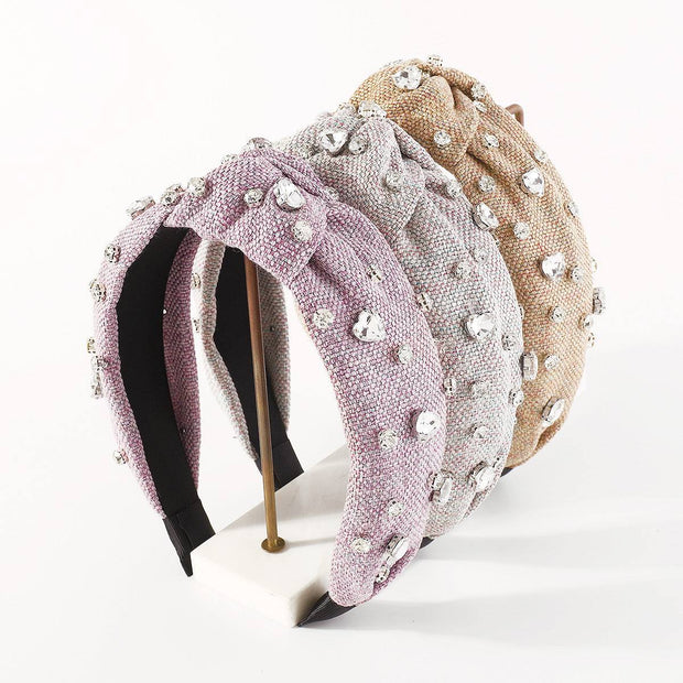 Heart Diamond Headband with sparkling diamond accents in purple, gray, and brown, elegant women's accessory.