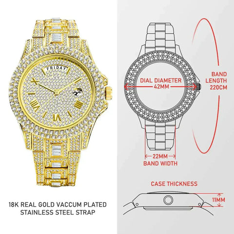Luxury crystal watch for men with gold vacuum plated stainless steel strap, elegant design and precision timekeeping.