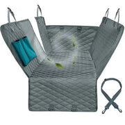 Dog Car Seat Cover with adjustable anchors, water repellent material, sleek gray design, and included seat belt. Ideal for clean and safe pet travel.