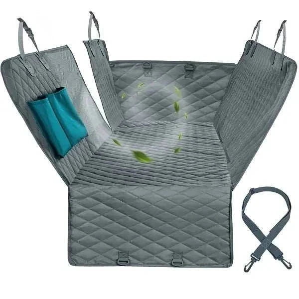 Dog Car Seat Cover with adjustable anchors, water repellent material, sleek gray design, and included seat belt. Ideal for clean and safe pet travel.