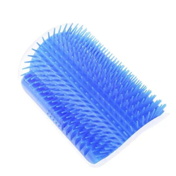 Blue cat corner groomer brush for self-grooming and hair removal.