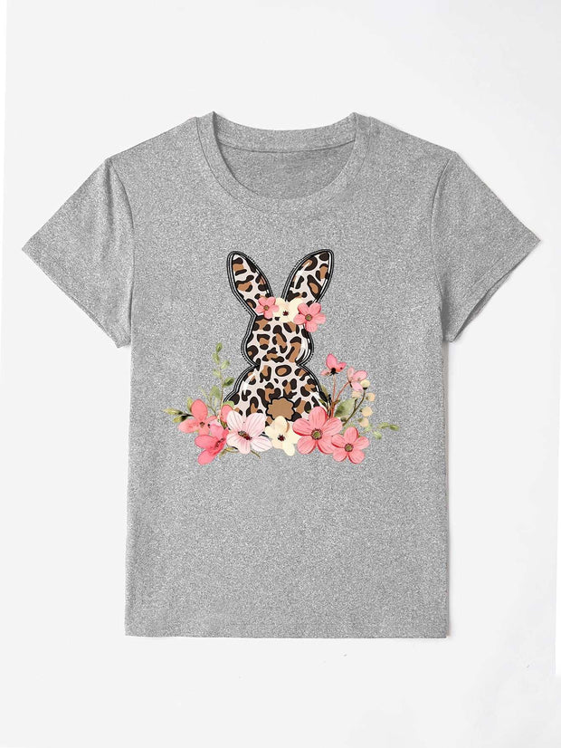 Round Neck Rabbit Tee with floral bunny graphic on gray fabric.