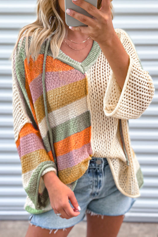 Colorblock V Neck Hooded Sweater