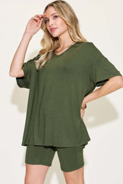 V-Neck T-Shirt & Shorts Set in olive, featuring relaxed fit, drop shoulders, and soft fabric for casual wear.