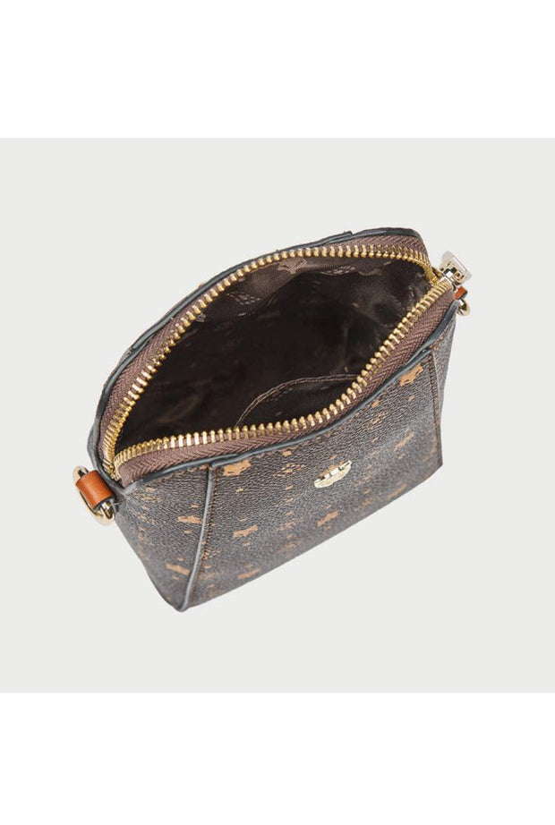 Crossbody phone bag by Foxer with ample storage and adjustable strap, shown in brown PVC/microfiber.