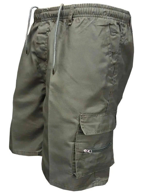 Plus Size Drawstring Shorts with Cargo Pockets in olive green, featuring adjustable waistband and spacious pockets.