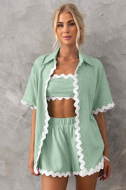 2 Piece Summer Suit in light green with scallop trim for women.