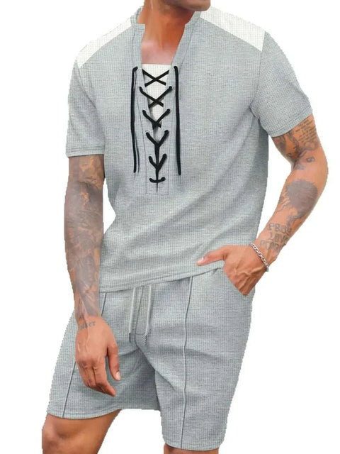 Waffle Knit Top and Shorts Set with lace-up neckline, ideal for comfort and style.