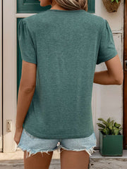V-Neck Petal Sleeve T-Shirt in green, back view, featuring unique petal sleeves and soft fabric for comfort.