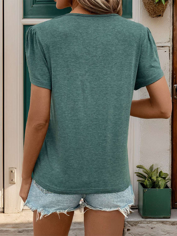V-Neck Petal Sleeve T-Shirt in green, back view, featuring unique petal sleeves and soft fabric for comfort.