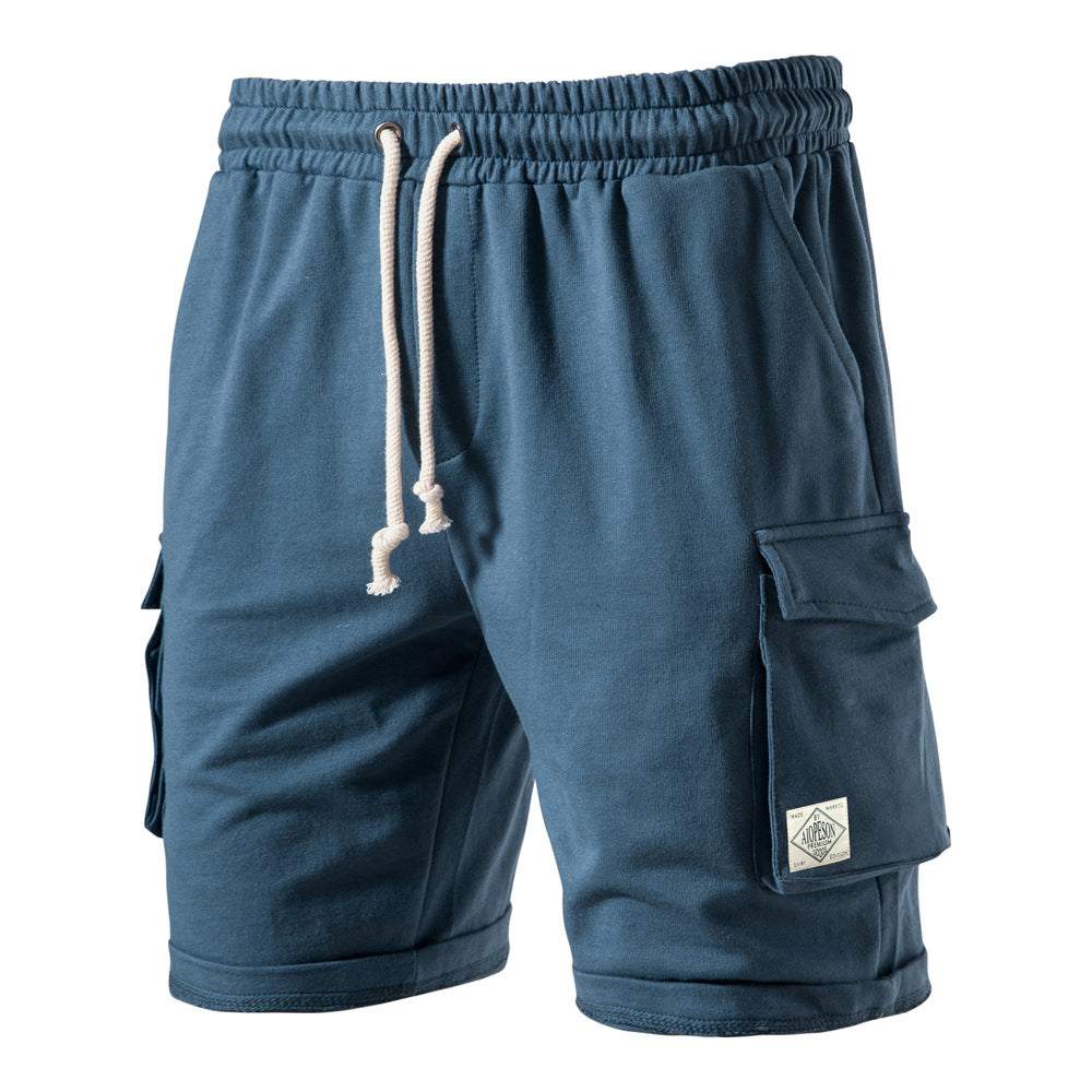 Men's elastic waist sports casual shorts in blue with pockets and drawstring waistband