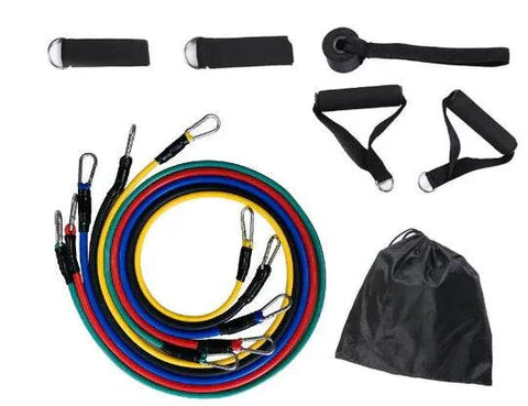 Fitness resistance bands set with handles, door anchor, and carrying pouch.