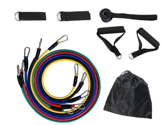 Fitness resistance bands set with handles, door anchor, and carrying pouch.