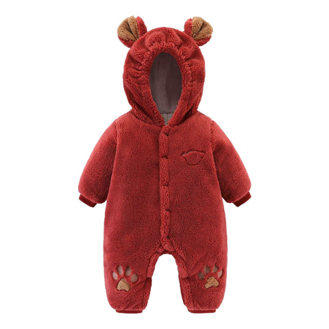 Adorable newborn baby onesie with ears, cozy red quilted design, perfect for winter warmth.