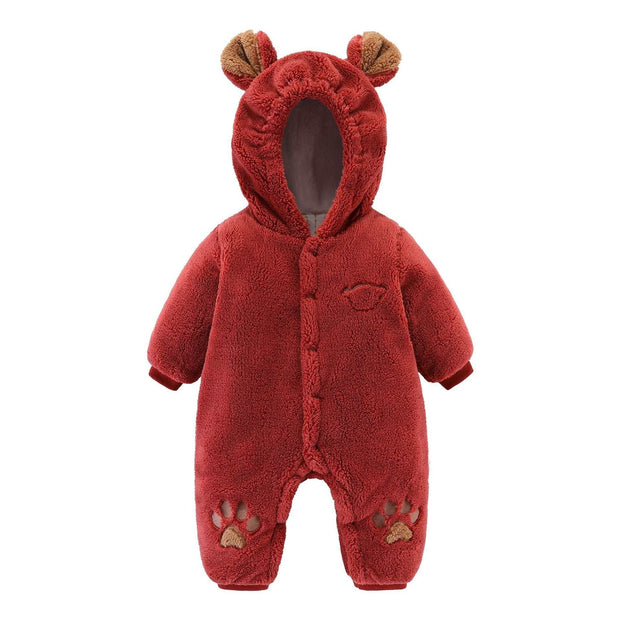 Adorable newborn baby onesie with ears, cozy red quilted design, perfect for winter warmth.