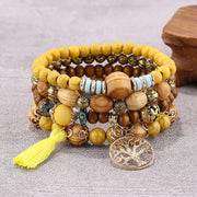 Boho Wooden Stretch Bracelet with polished wooden beads and nature charm.